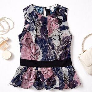 Diane Von Furstenberg DVF Silk Floral Sleeveless Blouse Peplum Top Size 4